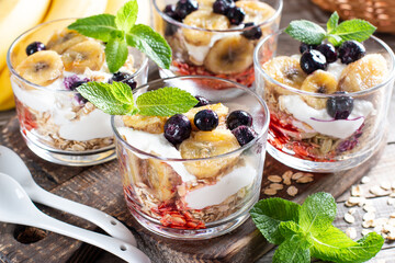 Healthy breakfast: yogurt parfait with granola, banana and blueberry