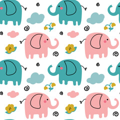 seamless repeating pattern with elephants and flowers