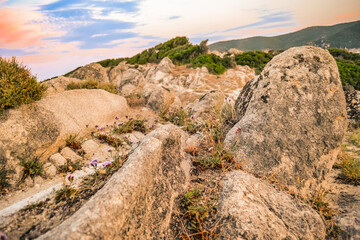 Halkidiki, Greece. Sea view before sunset. Mount Athos in the distance