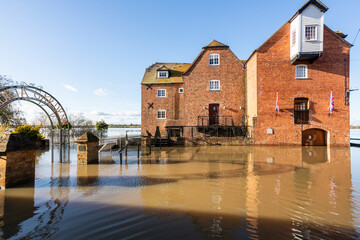 Abel Fletchers Mill surrounded by floodwater from the River Avon on 18/11/2019 at Tewkesbury, Gloucestershire UK