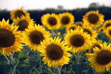 Obraz premium A field of sunflowers in the rays of the setting sun