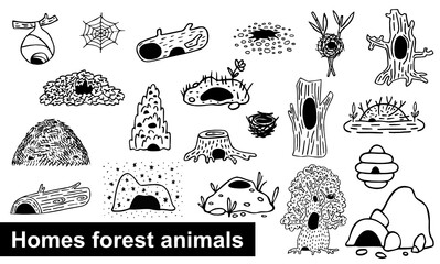 Forest animals homes big set. Black doodle woodland dwellings. Den, tree hollow, den, burrow, nest, cave, beaver dam, hole, anthill, termite mound, beehive, vespiary, cobweb. Нand-drawn wildlife house