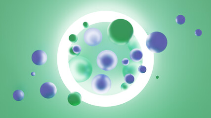 3D illustration of multiple floating spheres and a round shiny frame