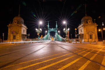 Liberty Bridge in Budapest in the evening time, with starry traffic lights