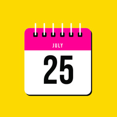 July day 25. Number twenty five on a white paper with pink color border on a yellow background vector.Calendar illustration