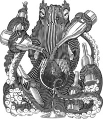 Black and white vector illustration of octopus mixing alcohol from bottles