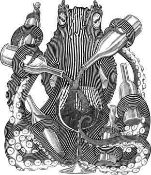 octopus pouring wine black and white clip art preview