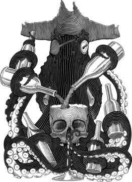 recommend clip art: Black and white vector illustration of octopus in pirate hat mixing alcohol from bottles