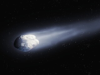 Comet tail, glowing comet flies in space against the background of stars