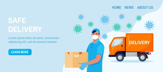 Safe delivery service. Food online order. Courier in facial mask and blue protective medical gloves holding carton package. Man delivering parcel by truck. Vector illustration