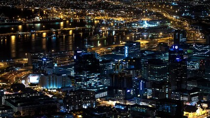 Time lapse at night of Cape Town city bowl and harbour. Filmed from Lions Head mountain. South Africa is a thrilling travel holiday destination for the adventurous.