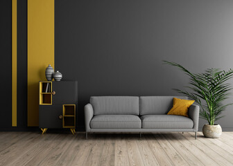 Bright living room interior. Gray room with yellow elements. Empty frame in the interior. 3d rendering.