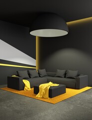 Bright living room interior. Gray room with yellow elements. Empty frame in the interior. 3d rendering.