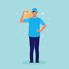 Delivery guy with carton box in hands. Courier in cap with parcel. Vector design