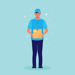 Delivery man with carton box in hands. Courier in cap with parcel. Vector design