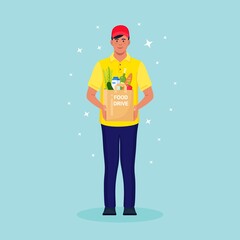 Volunteer holding a donation box, package with grocery. Charity, food donation for needy and poor people. Vector illustration