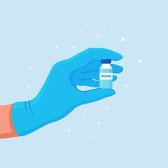 Doctor, nurse hand in blue medical gloves holding glass vial, ampoule, bottle with vaccine for coronavirus. Covid 19 vaccination. Vector illustration