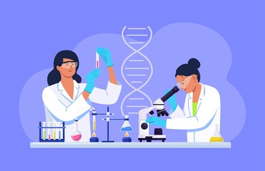 Young woman scientist looking through a microscope in a laboratory doing chemical research, microbiological analysis, test. Biochemical science laboratory staff performing experiments of vaccine.