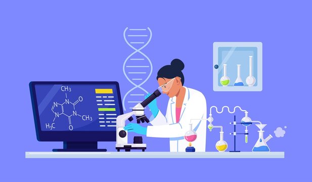 Young woman scientist looking through a microscope in a laboratory doing chemical research, microbiological analysis or medical test. Vector illustration