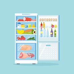 Opened refrigerator with different healthy food. Fridge in Kitchen, freezer with meat on shelves. Vector illustration