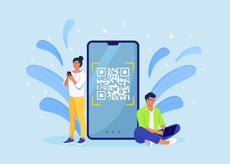 QR code scanning concept. Characters use mobile phone, scan barcode for online payment. Digital money app. Vector illustration