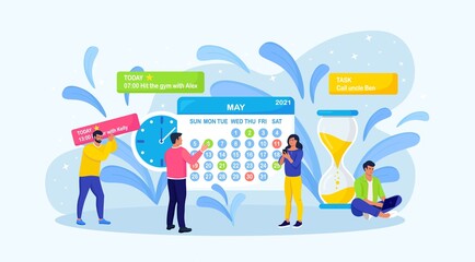 Person is planning day, scheduling appointments. People using calendar application for texting messages, checking, adding event, meeting reminders. Vector illustration