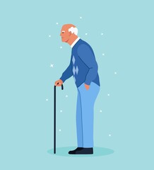 Elderly man with walking cane. Handsome old man in casual outfit with stick. Vector illustration