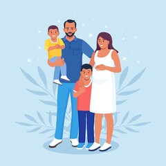 Happy big family standing together. Pregnant Mom, dad and children. Smiling relatives gathering in group. Vector illustration