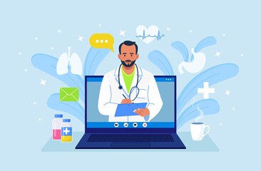 Online doctor. Ask therapist. Online medical consultation, advice, support service. Physician conducts diagnostics over the Internet. Man in white coat with stethoscope on laptop screen. Vector 