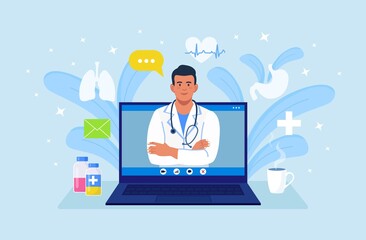Online doctor. Ask therapist. Online medical consultation, advice, support service. Physician conducts diagnostics over the Internet. Man in white coat with stethoscope on laptop screen. Vector design