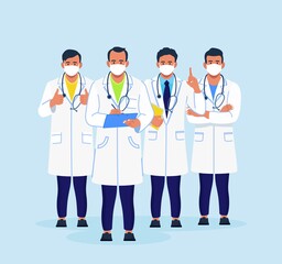 Group of doctors in coats and face masks standing together. Banner with team of medical staff, physician, hospital workers in medic uniform. Vector illustration