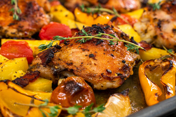 Roasted chicken thighs with potatoes, vegetables and rosemary - side view