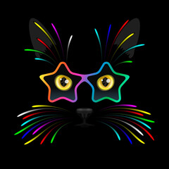 Cat's face with bright vibrissae and glasses with star-shaped frames