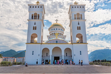 Fototapeta na wymiar Bar, Montenegro - July 04, 2021: Cathedral of St Jovan Vladimir's Temple in Bar, Montenegro. The temple is the largest cathedral in Montenegro.