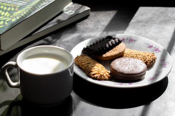 Christmas cookies and cup of milk. BREAKFAST, reading at the morning 