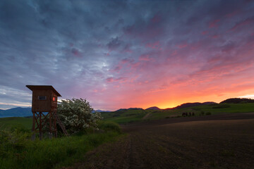 Hunting lookout in the rural landscape at Turcianske Jaseno, Slovakia.