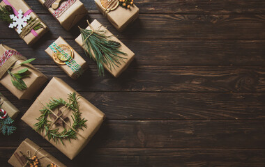The wonderful Christmas presents wrapped in kraft paper with copy space