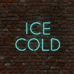Ice cold glowing neon sign on brick background render