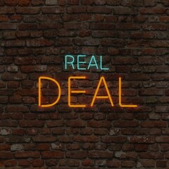 Real Deal glowing neon on brick background render