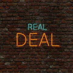 Fototapeta premium Real Deal glowing neon on brick background render