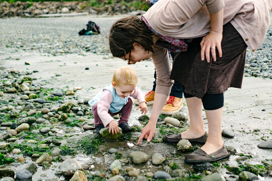 Closeup Portrait Of A Mother And Daughter Looking Under Beach Rocks