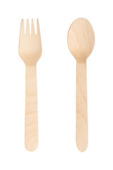 disposable wooden spoon and fork isolated on white background