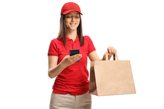 Fast Food Delivery Female Worker With A Paper Bag And A Mobile Phone