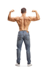 Fototapeta premium Full length rear view shot of a topless man in jeans flexing muscles