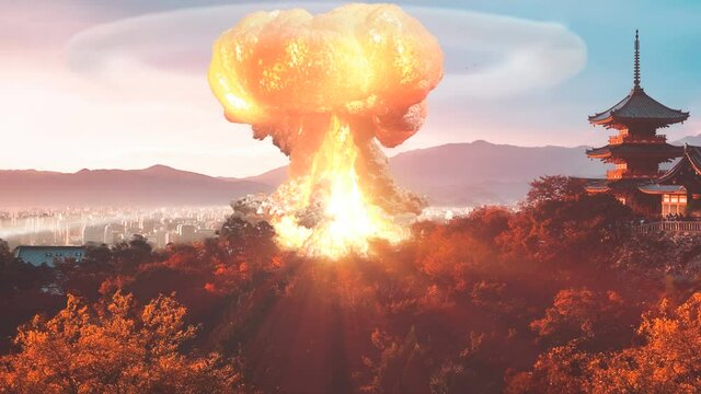 Atomic bomb nuclear nuke explosion over Kyoto Japan 4K