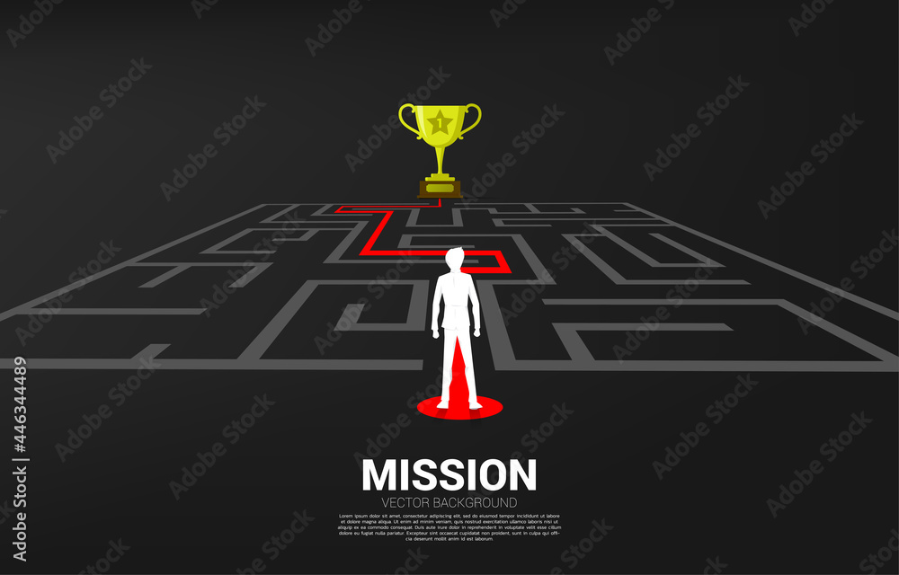 Poster Silhouette of Businessman standing on Arrow with route path to exit the maze to golden trophy. Business concept for problem solving and solution strategy