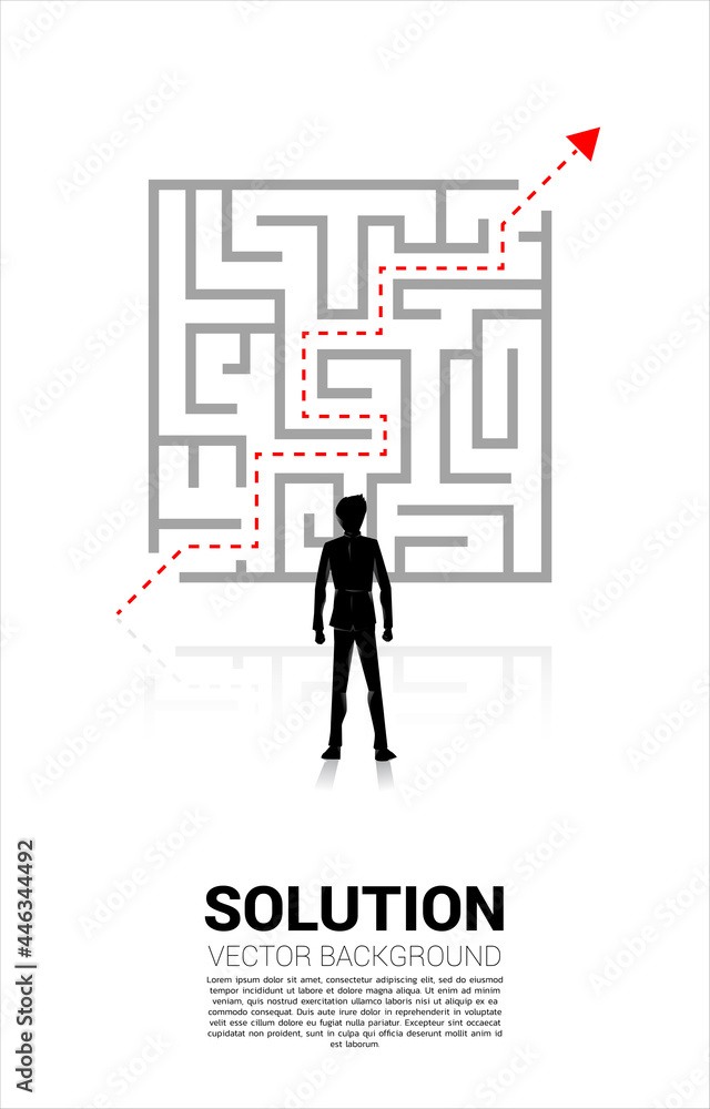 Poster Silhouette of Businessman standing with plan to exit from maze . Business concept for problem solving and solution strategy