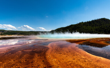 Prismatic Pool, Yellowstone view at low angle with reflection
