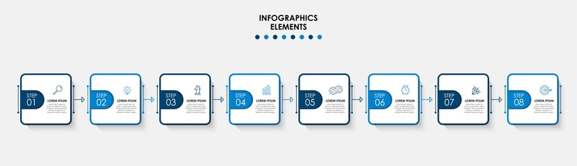 Vector Infographic design illustration business template with icons and 8 options or steps. Can be used for process diagram, presentations, workflow layout, banner, flow chart, info graph