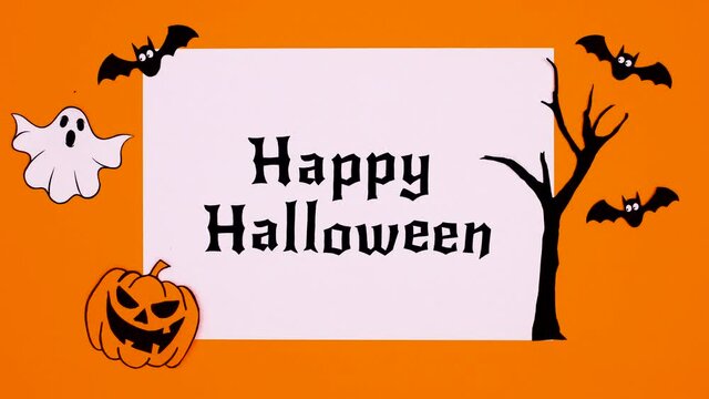 Writing Happy Halloween text on white paper with creepy Halloween decorations around. Stop motion